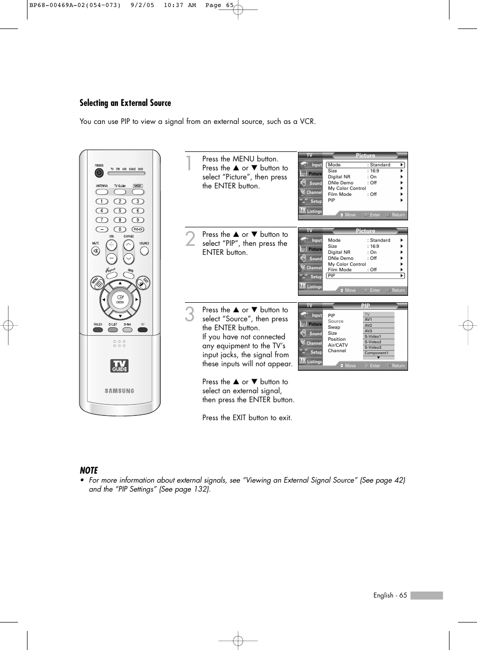 Selecting an external source | Samsung HL-R6167W User Manual | Page 65 / 136