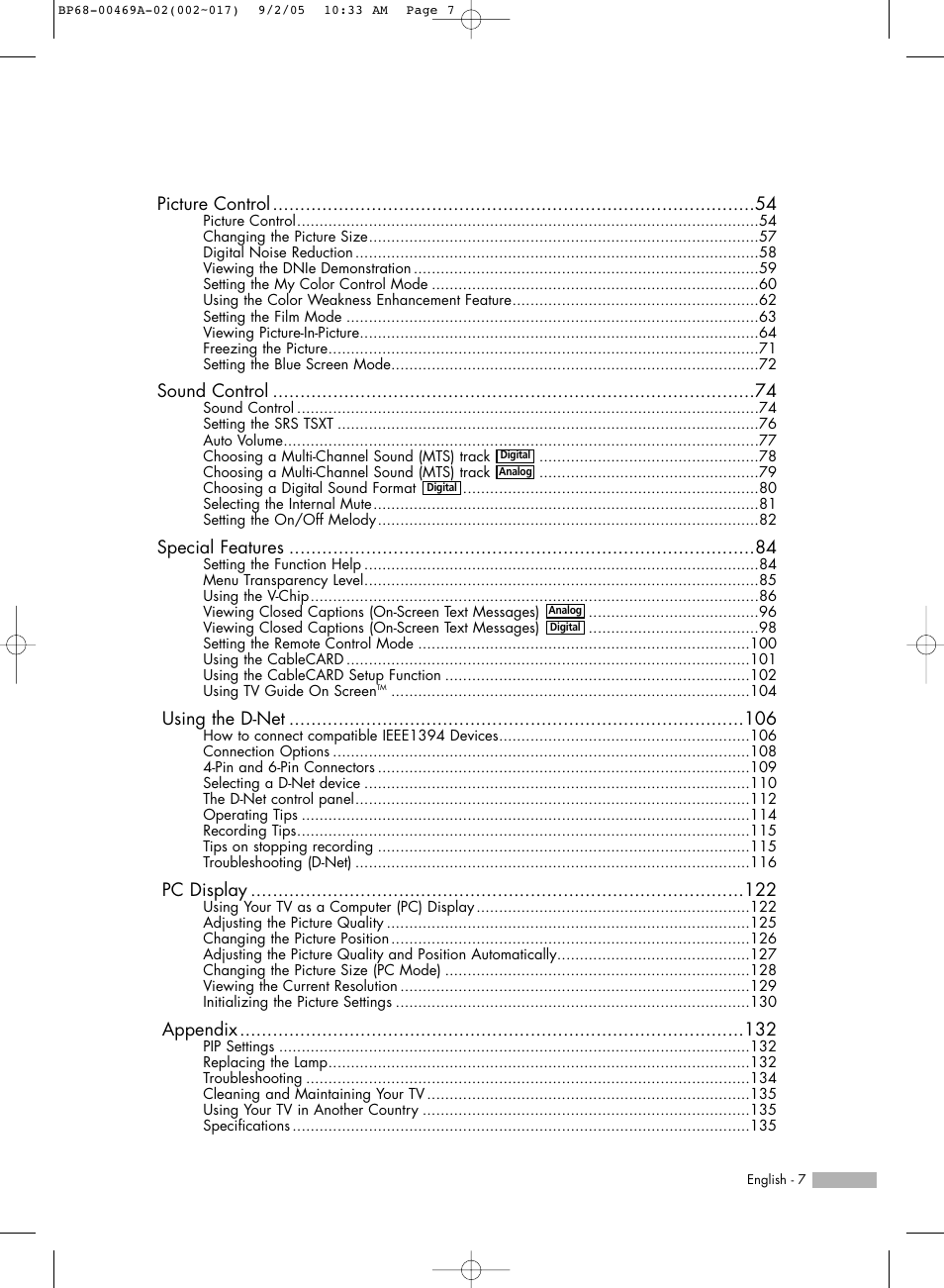Picture control, Sound control, Special features | Using the d-net, Pc display, Appendix | Samsung HL-R6167W User Manual | Page 7 / 136