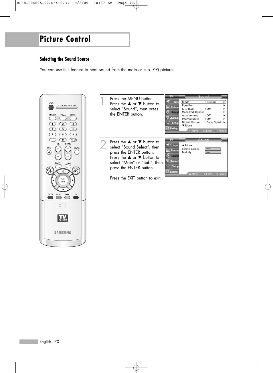 Selecting the sound source, Picture control | Samsung HL-R6167W User Manual | Page 70 / 136