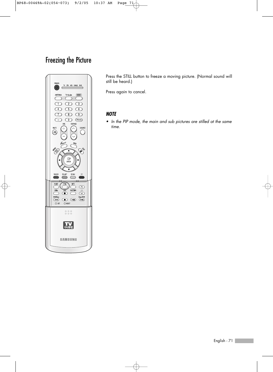 Freezing the picture | Samsung HL-R6167W User Manual | Page 71 / 136