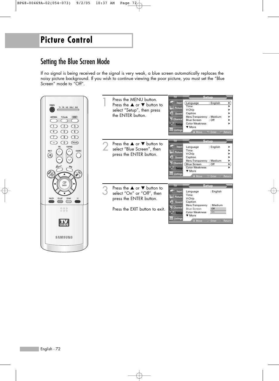 Setting the blue screen mode, Picture control | Samsung HL-R6167W User Manual | Page 72 / 136