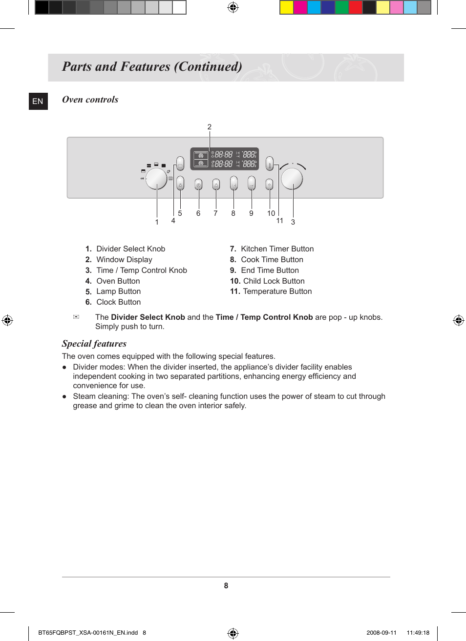 Parts and features (continued), Oven controls, Special features | Samsung BT65FQBPST User Manual | Page 10 / 50