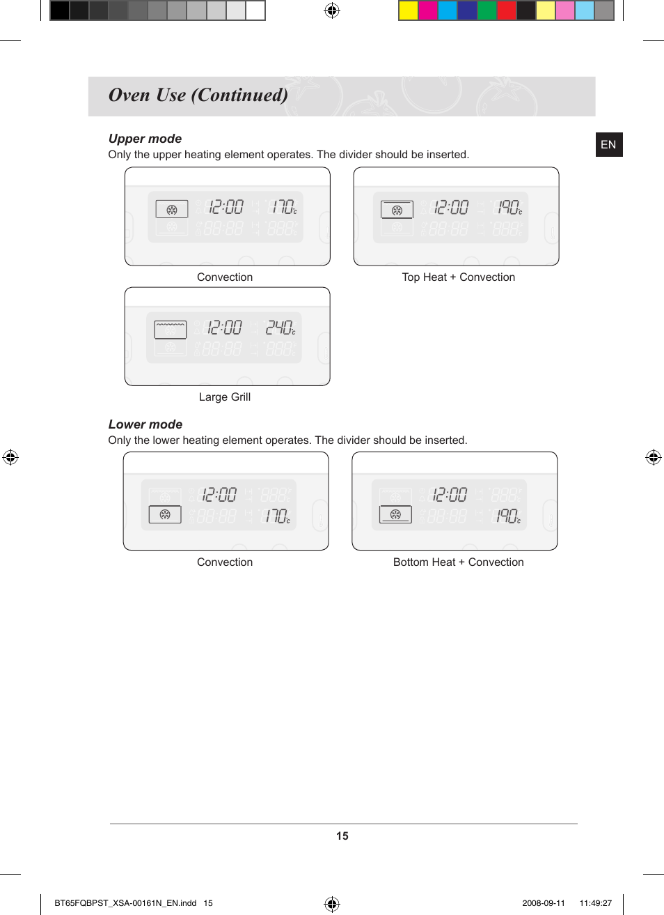 Oven use (continued) | Samsung BT65FQBPST User Manual | Page 17 / 50