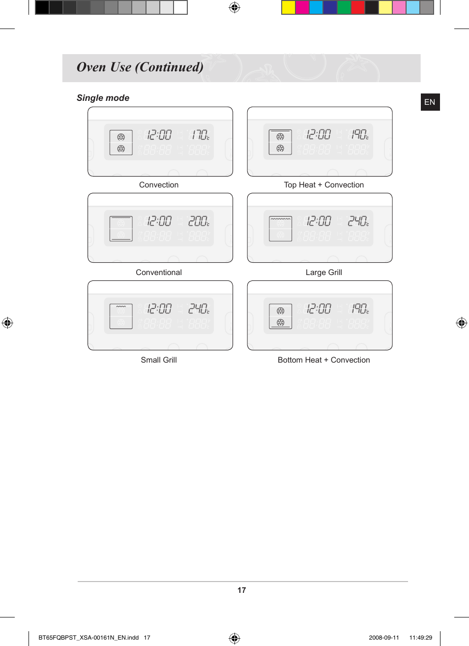 Oven use (continued) | Samsung BT65FQBPST User Manual | Page 19 / 50