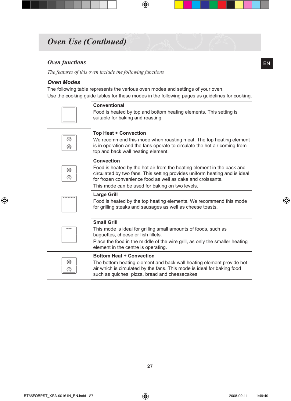 Oven use (continued), Oven functions | Samsung BT65FQBPST User Manual | Page 29 / 50