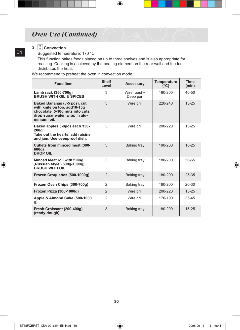 Oven use (continued) | Samsung BT65FQBPST User Manual | Page 32 / 50