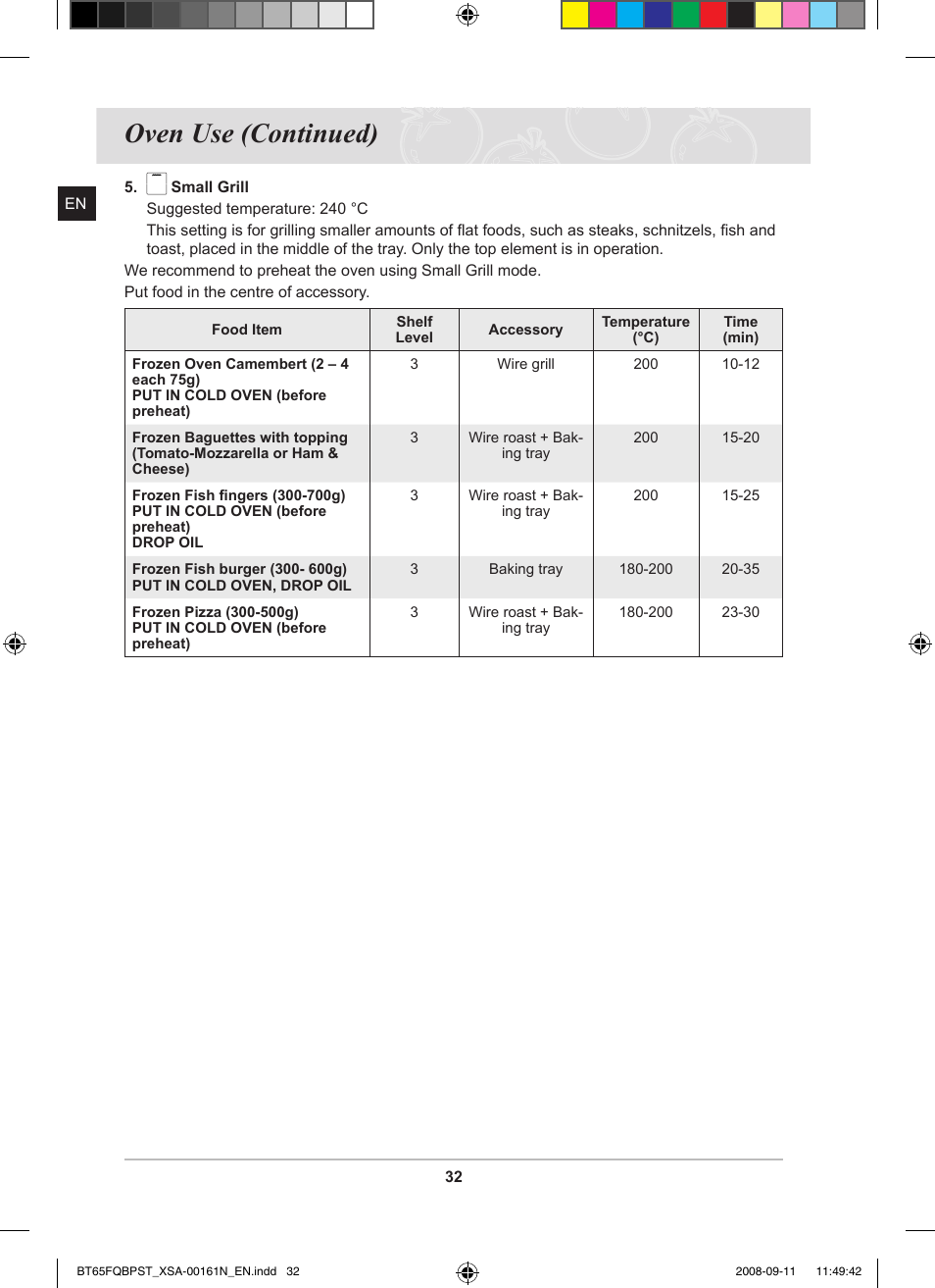 Oven use (continued) | Samsung BT65FQBPST User Manual | Page 34 / 50