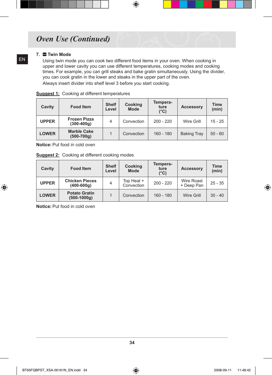 Oven use (continued) | Samsung BT65FQBPST User Manual | Page 36 / 50