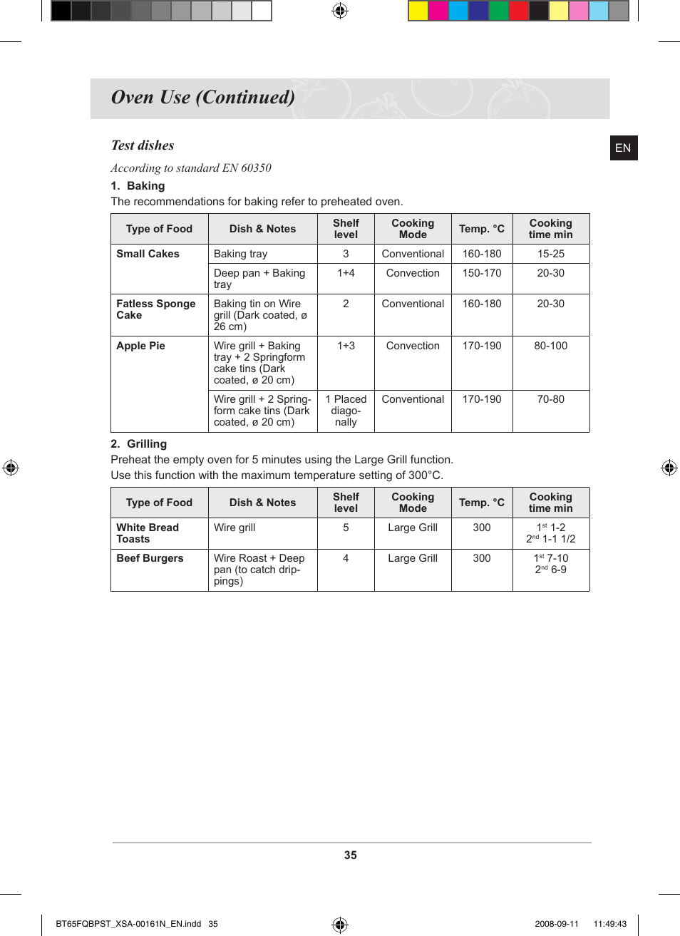 Oven use (continued), Test dishes | Samsung BT65FQBPST User Manual | Page 37 / 50