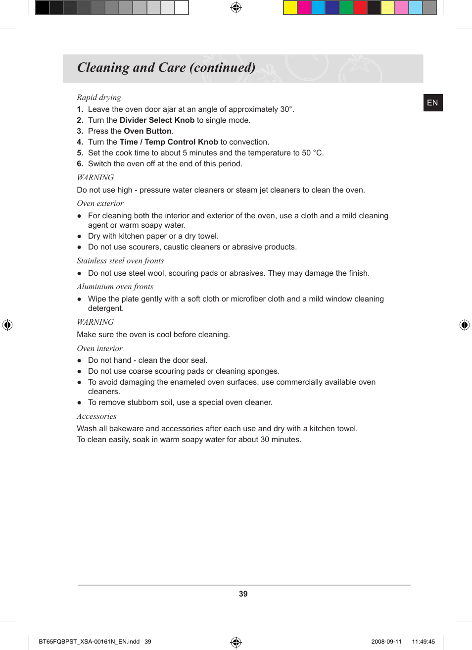 Cleaning and care (continued) | Samsung BT65FQBPST User Manual | Page 41 / 50