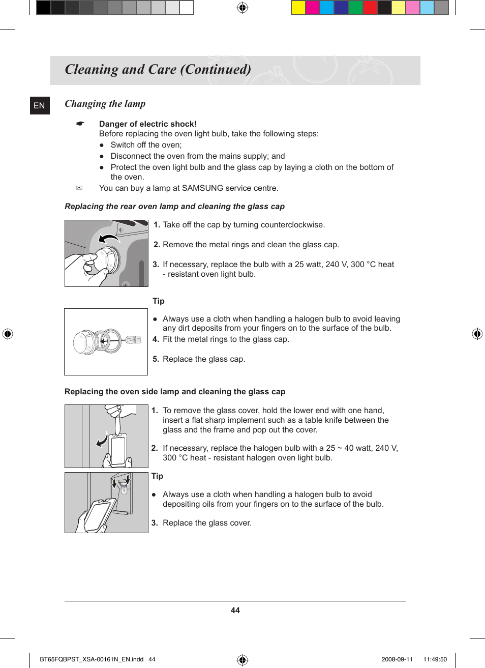 Cleaning and care (continued), Changing the lamp | Samsung BT65FQBPST User Manual | Page 46 / 50