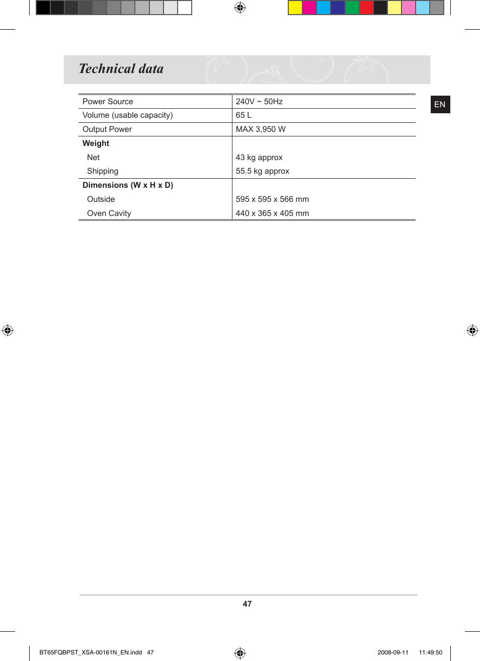 Technical data | Samsung BT65FQBPST User Manual | Page 49 / 50