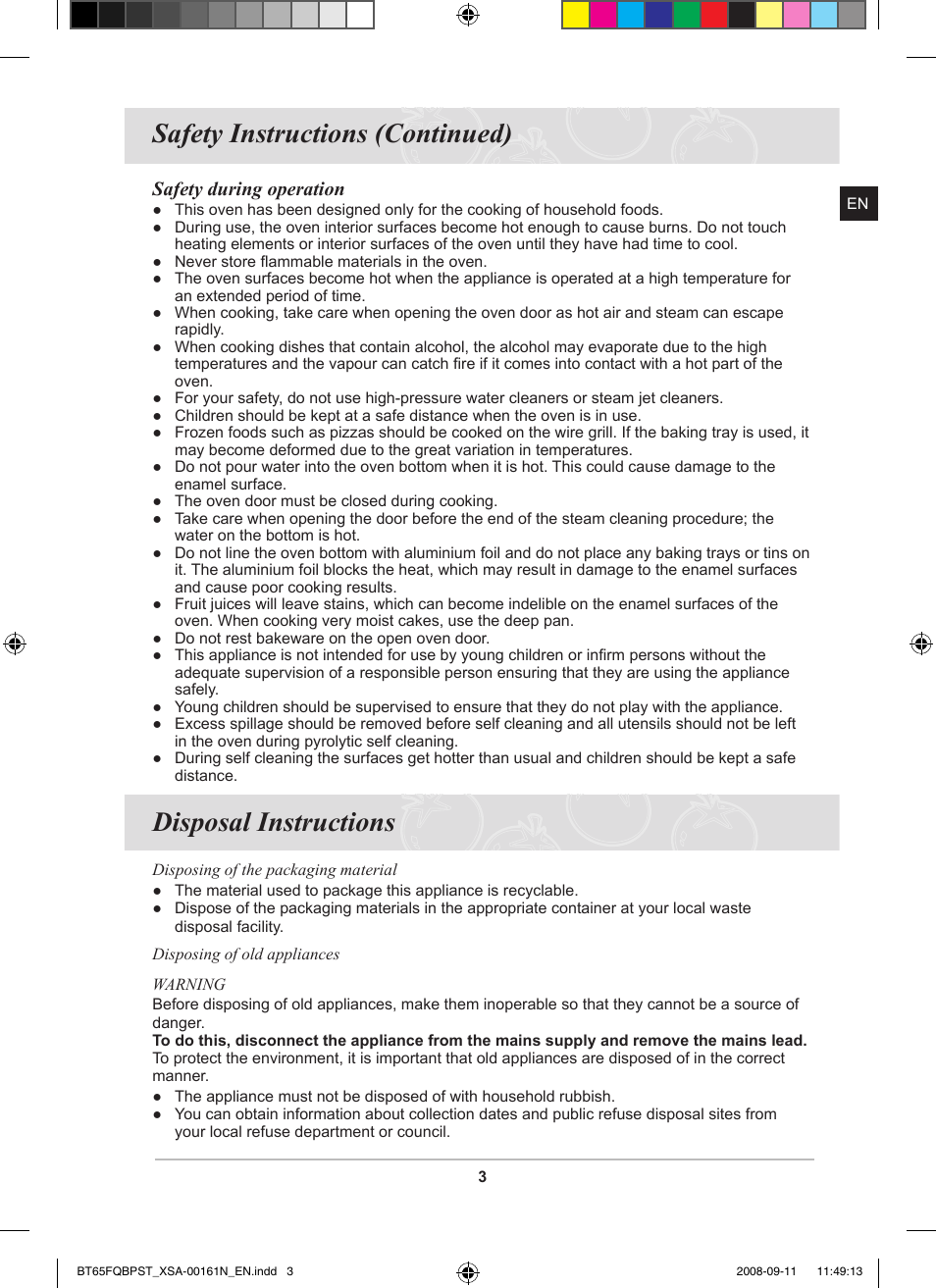 Disposal instructions, Safety instructions (continued), Safety during operation | Samsung BT65FQBPST User Manual | Page 5 / 50