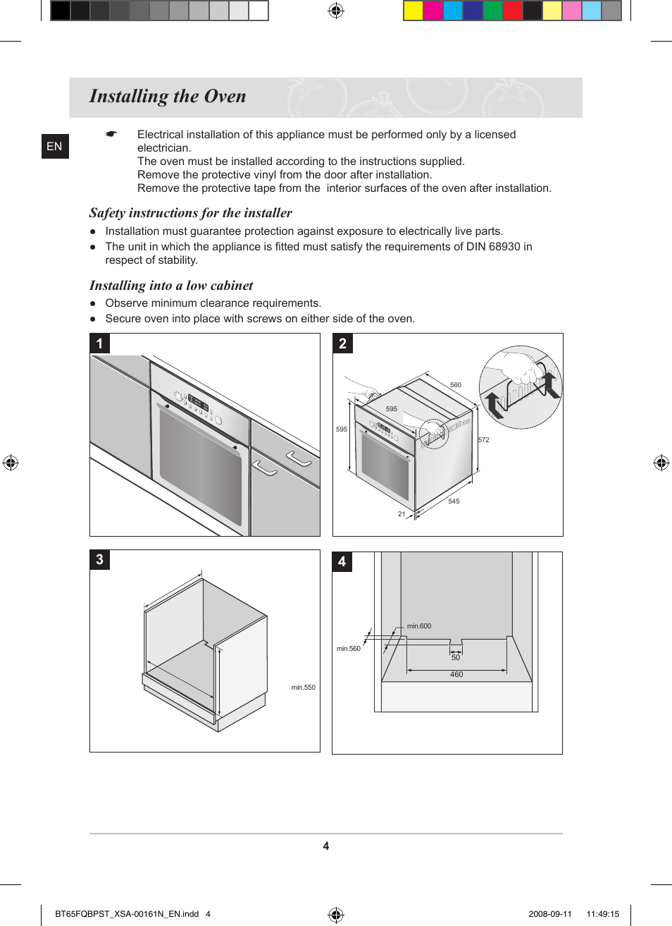 Installing the oven, Safety instructions for the installer, Installing into a low cabinet | Samsung BT65FQBPST User Manual | Page 6 / 50