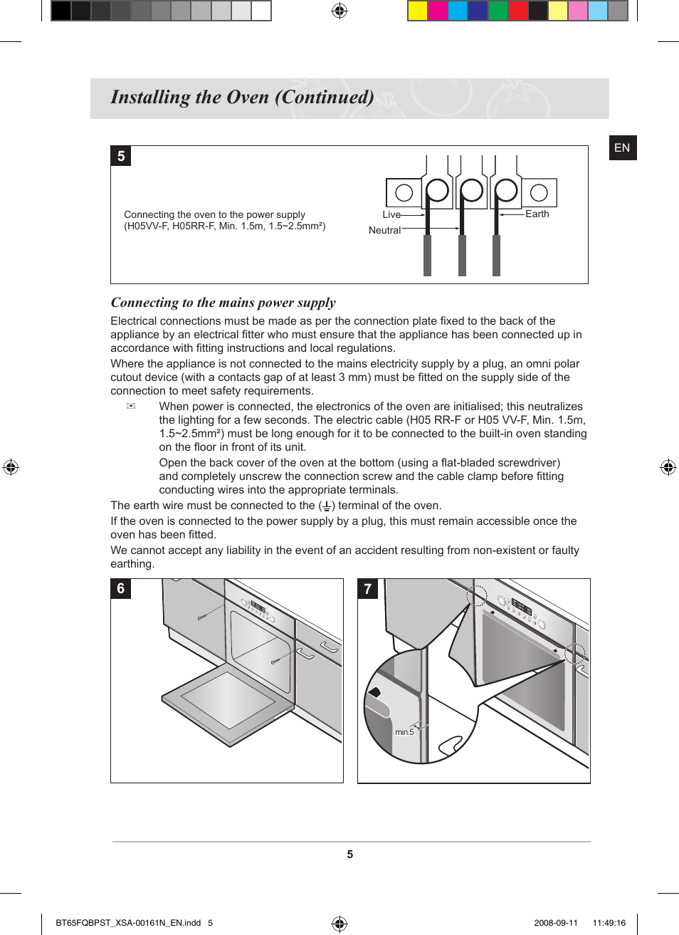 Installing the oven (continued), Connecting to the mains power supply | Samsung BT65FQBPST User Manual | Page 7 / 50