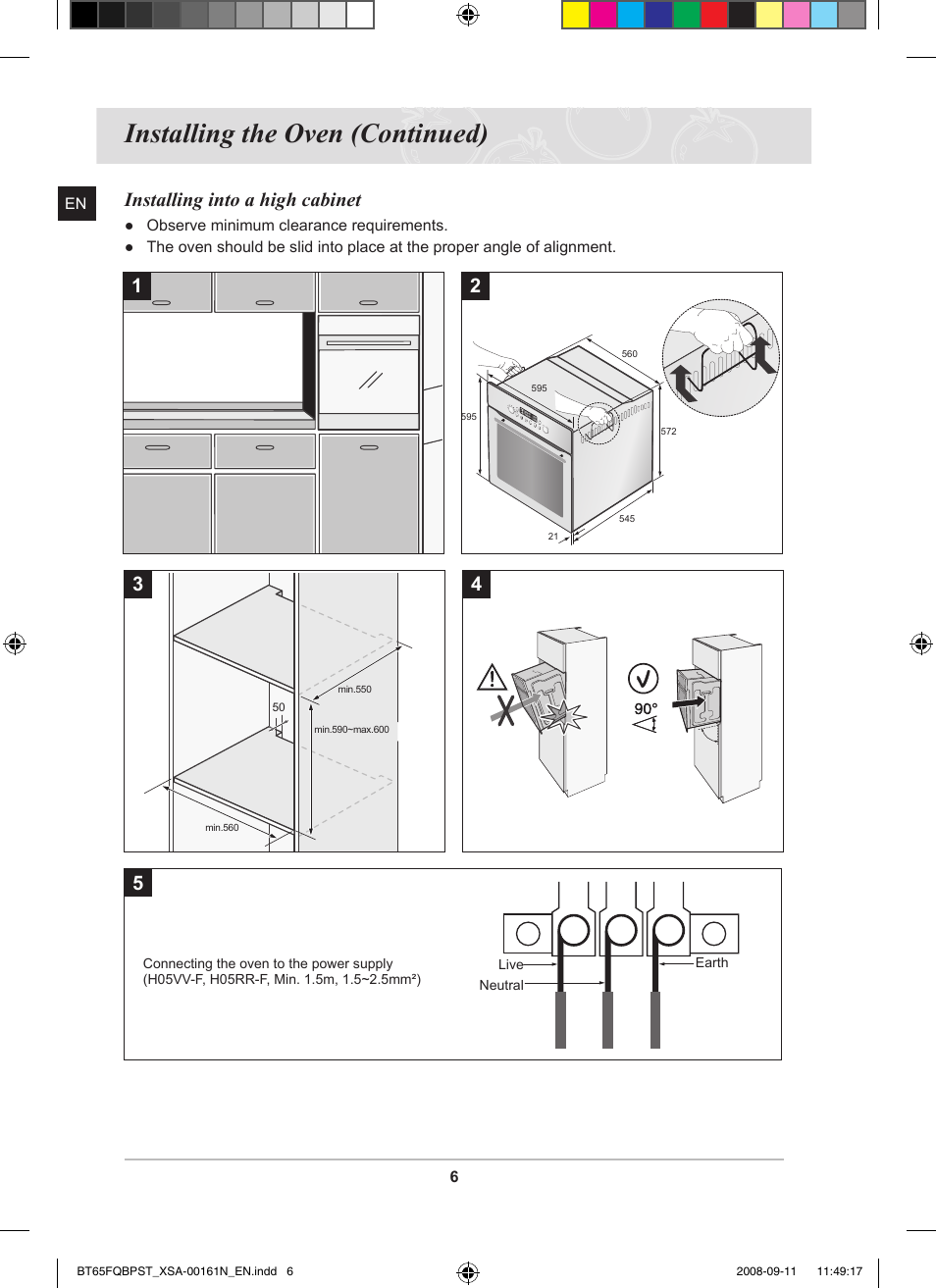 Installing the oven (continued), Installing into a high cabinet | Samsung BT65FQBPST User Manual | Page 8 / 50