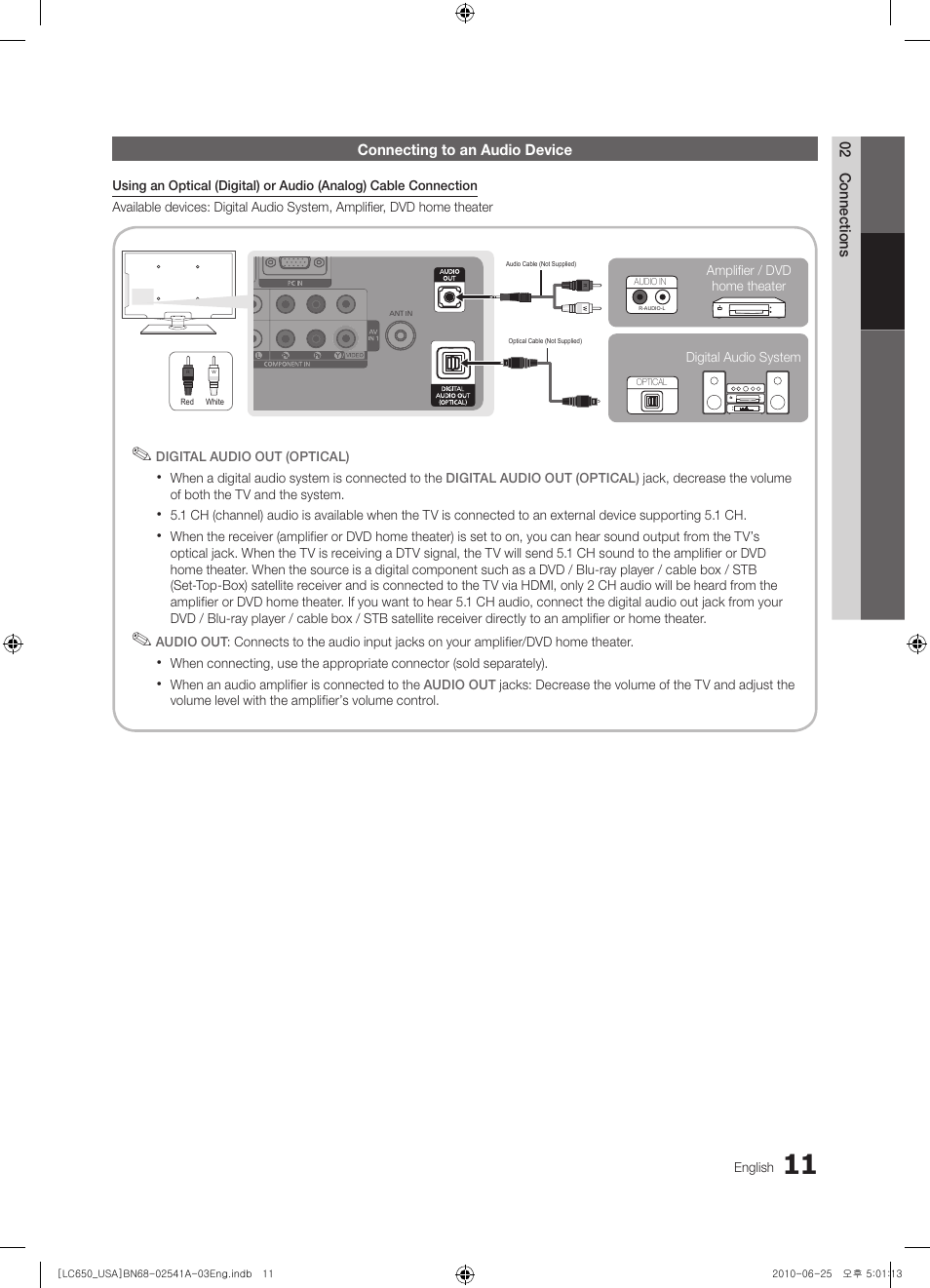 Connecting to an audio device | Samsung BN68-02541A-04 User Manual | Page 11 / 62