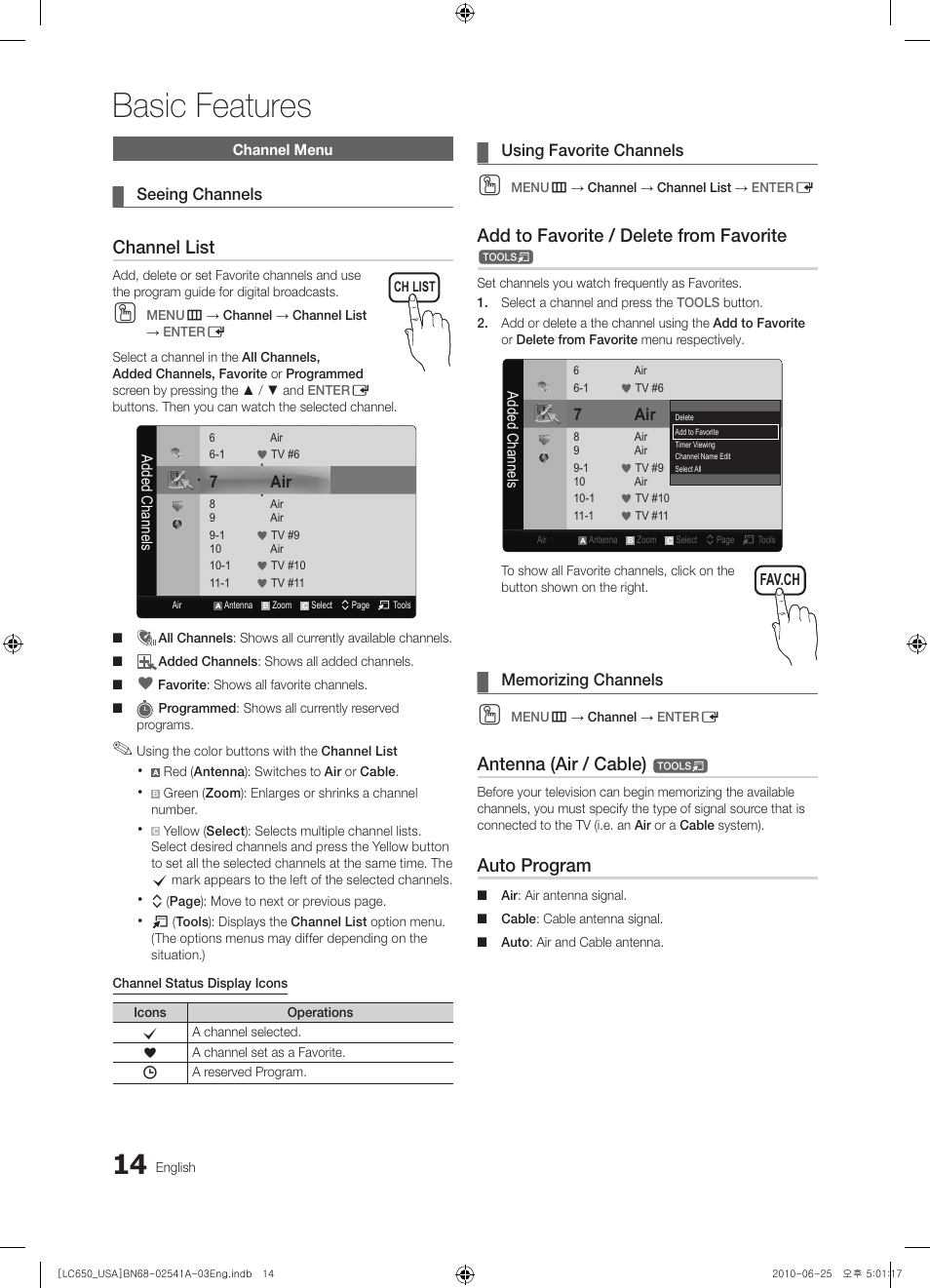 Channel menu, Basic features, Channel list | Add to favorite / delete from favorite, Antenna (air / cable), Auto program | Samsung BN68-02541A-04 User Manual | Page 14 / 62