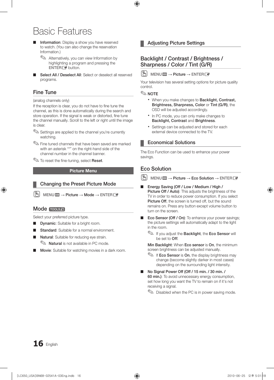 Picture menu, Basic features | Samsung BN68-02541A-04 User Manual | Page 16 / 62