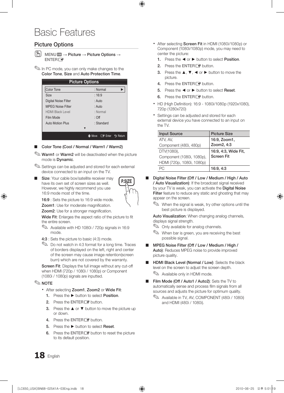 Basic features, Picture options | Samsung BN68-02541A-04 User Manual | Page 18 / 62