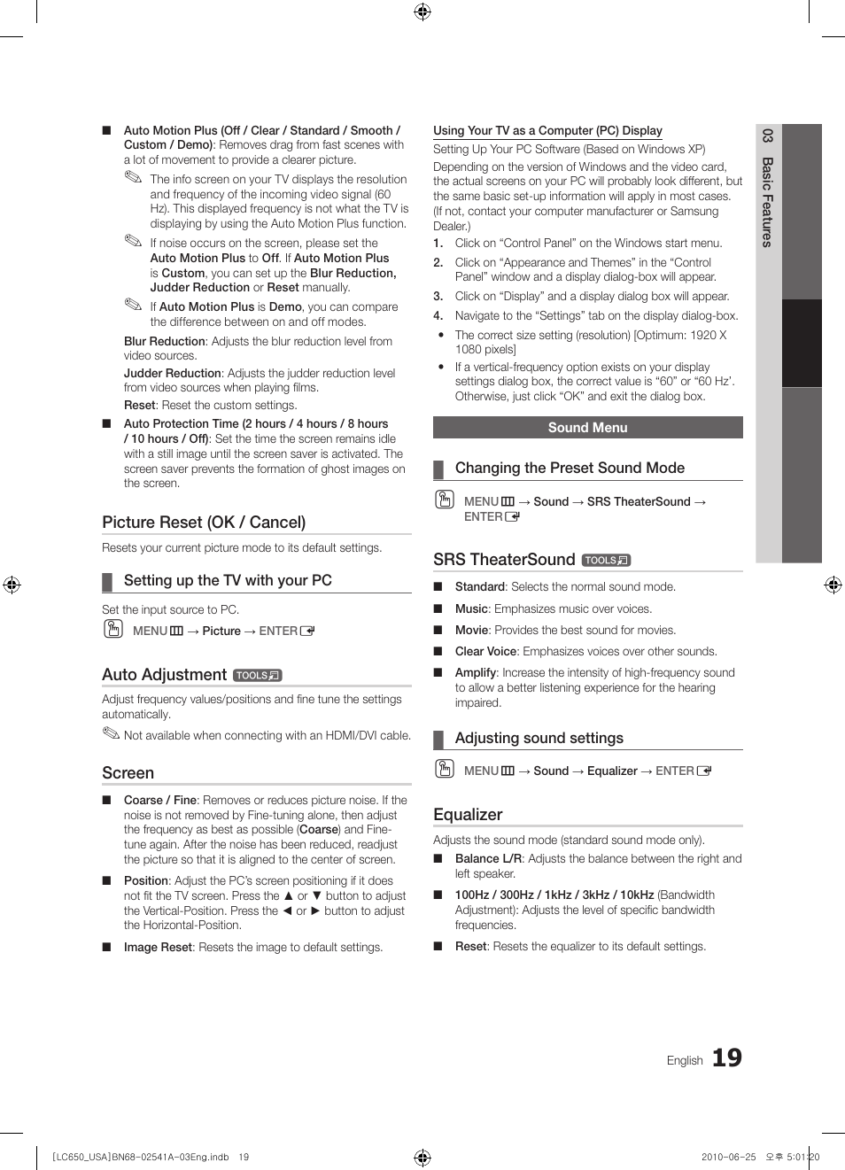 Sound menu, Picture reset (ok / cancel), Auto adjustment | Screen, Srs theatersound, Equalizer | Samsung BN68-02541A-04 User Manual | Page 19 / 62