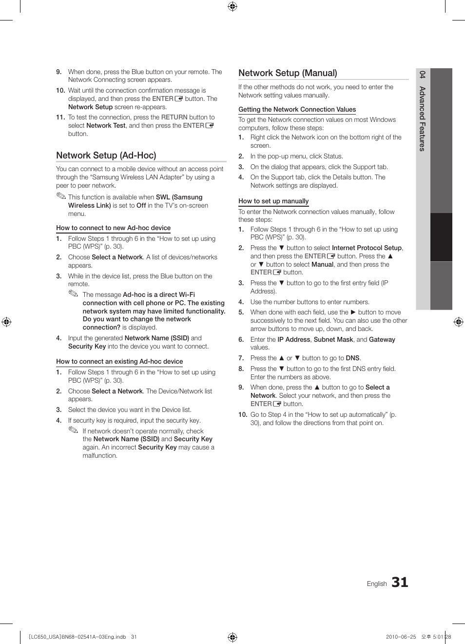 Network setup (ad-hoc), Network setup (manual) | Samsung BN68-02541A-04 User Manual | Page 31 / 62