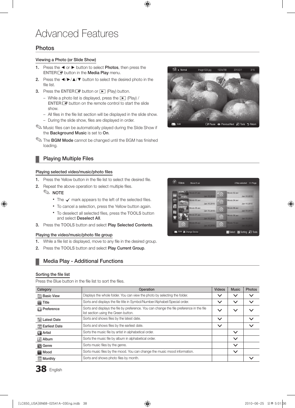 Advanced features, Photos, Playing multiple files | Media play - additional functions | Samsung BN68-02541A-04 User Manual | Page 38 / 62