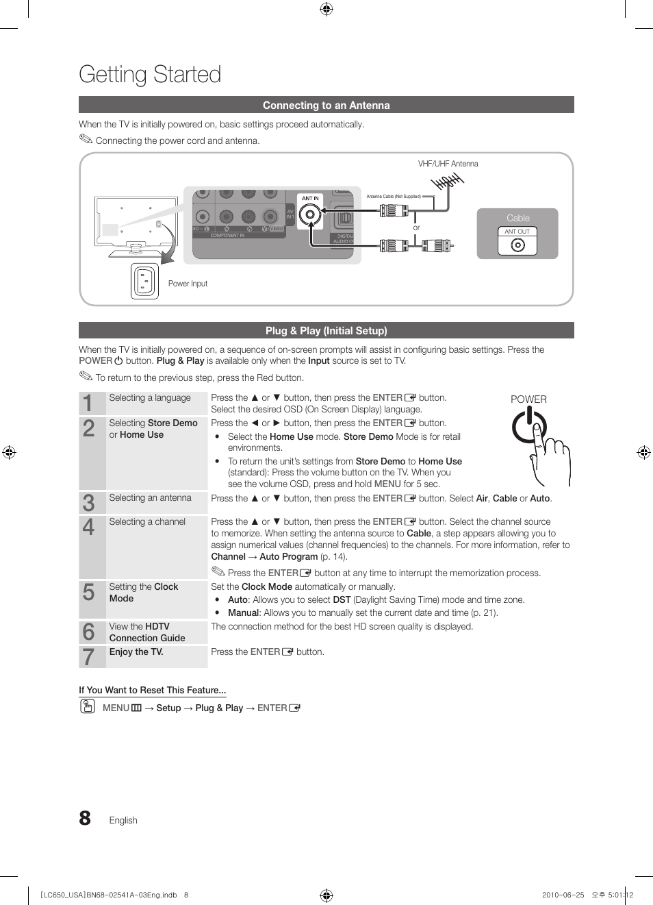 Connecting to an antenna, Plug & play (initial setup), Getting started | Info guide | Samsung BN68-02541A-04 User Manual | Page 8 / 62