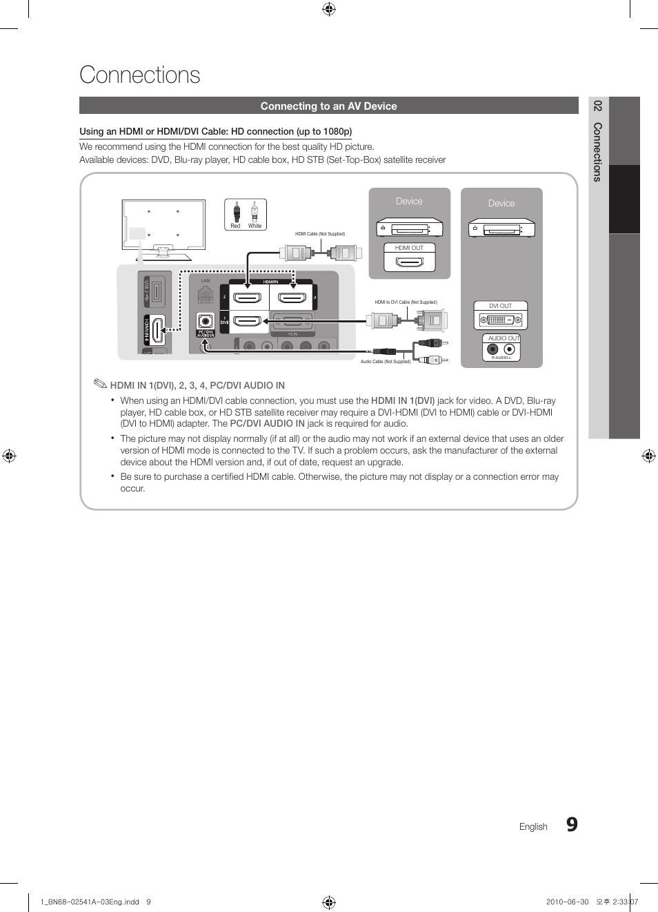 Connections, Connecting to an av device | Samsung BN68-02541A-04 User Manual | Page 9 / 62