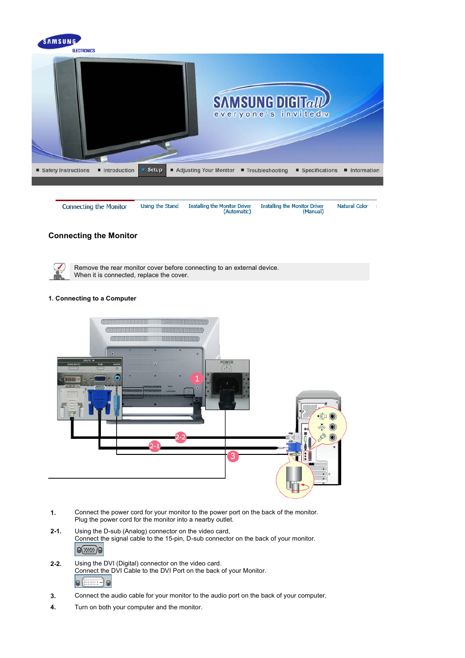 Setup, Connecting the monitor | Samsung 242MP User Manual | Page 17 / 65