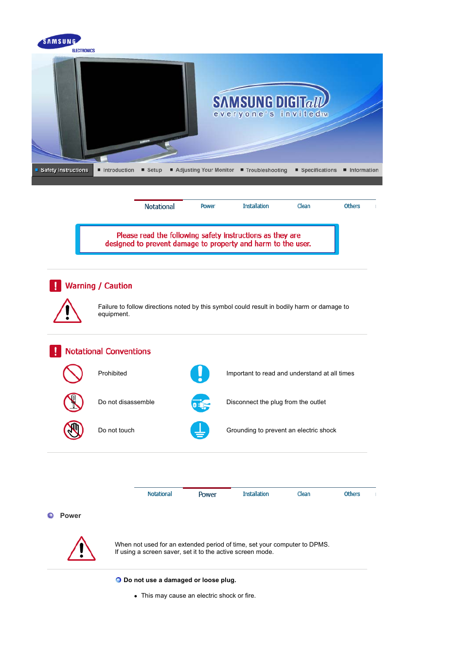 Safety instructions, Notational, Power | Samsung 242MP User Manual | Page 2 / 65