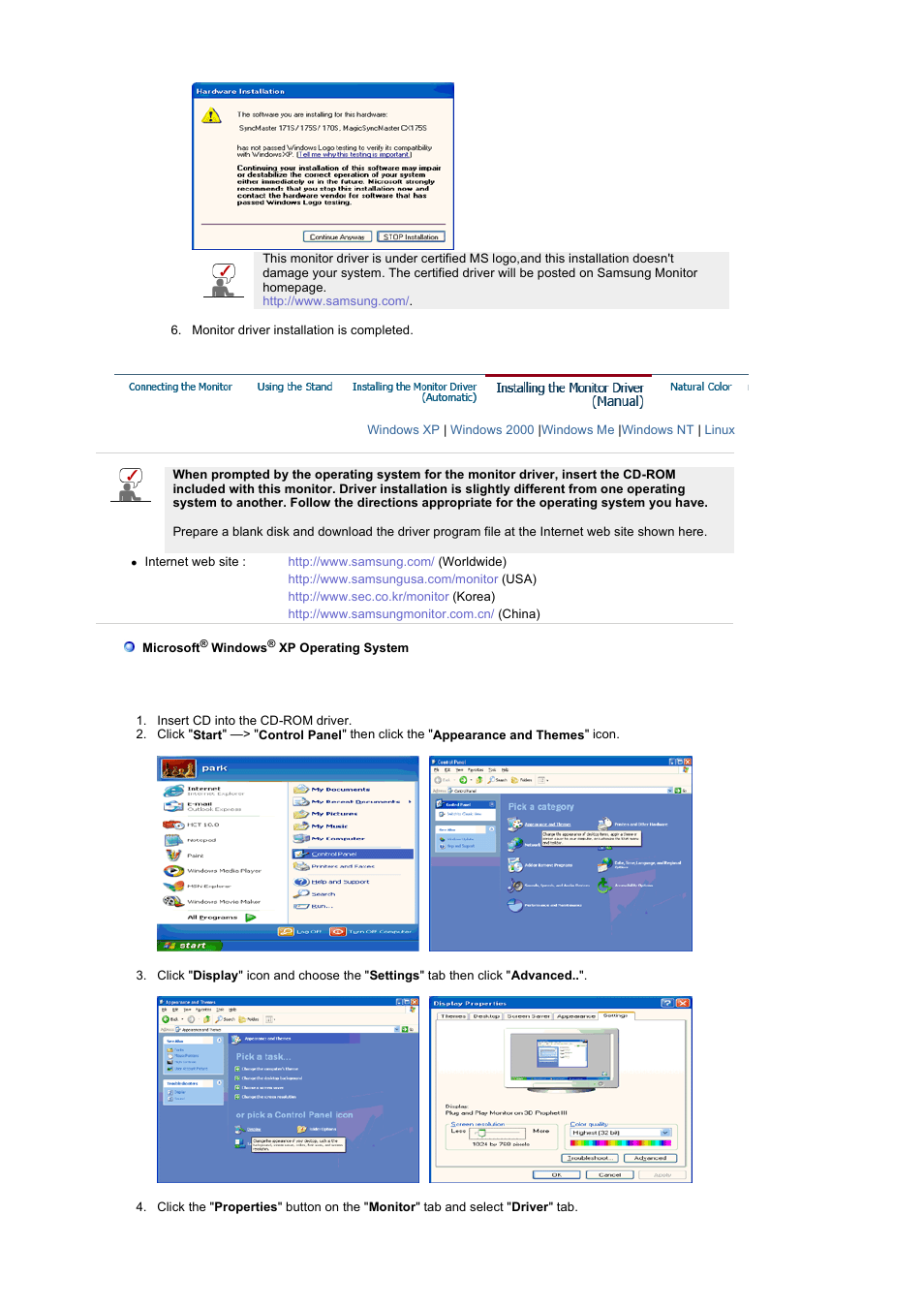 Installing the monitor driver(manual) | Samsung 242MP User Manual | Page 28 / 65