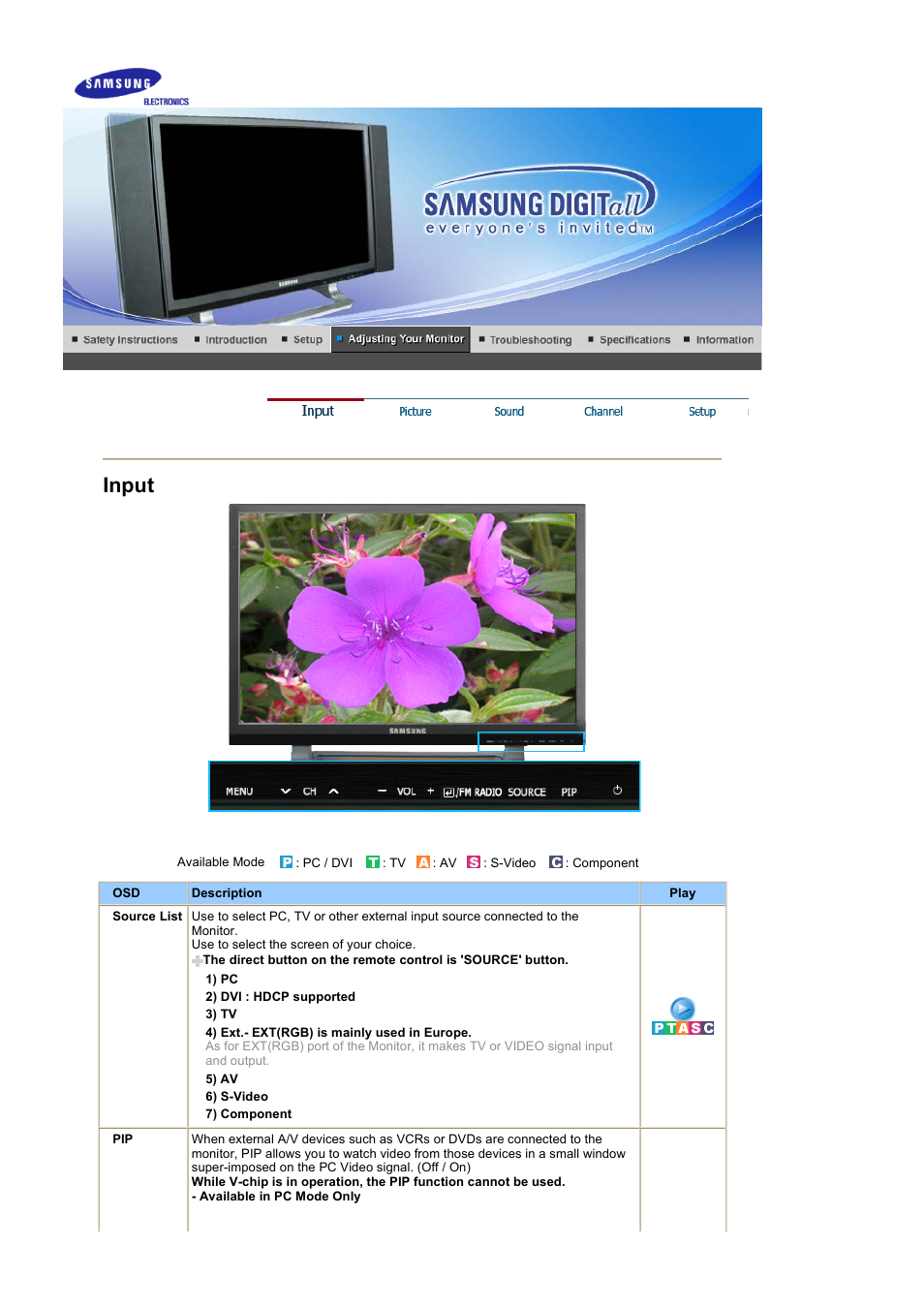 Adjusting your monitor, Input | Samsung 242MP User Manual | Page 33 / 65