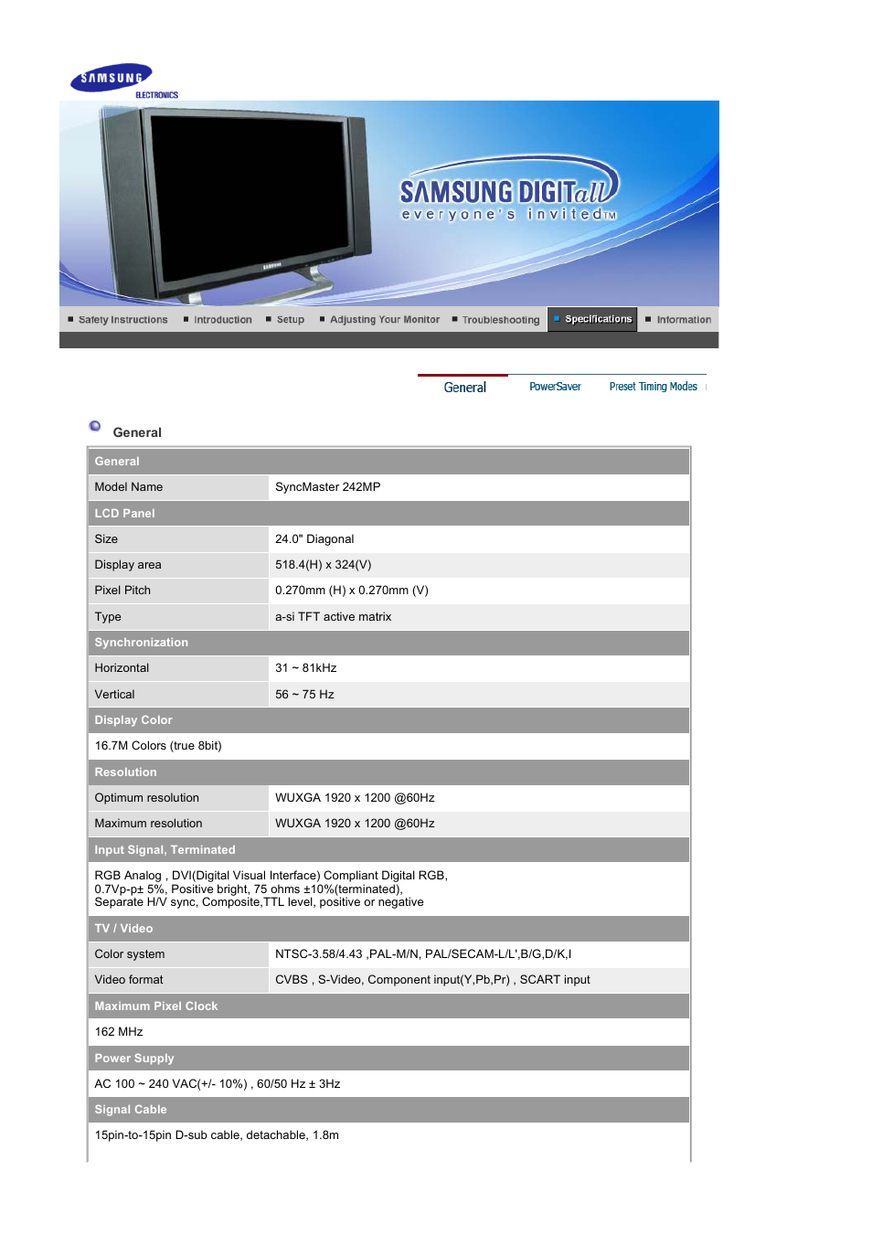 Specifications, General | Samsung 242MP User Manual | Page 47 / 65