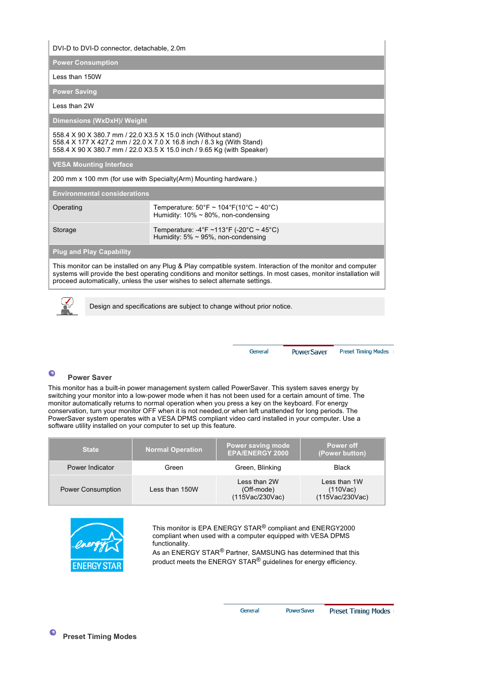 Powersaver, Preset timming modes | Samsung 242MP User Manual | Page 48 / 65