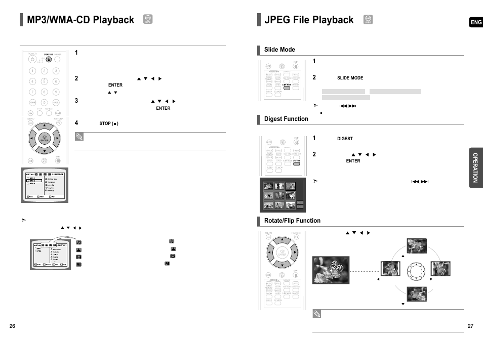 Mp3/wma-cd playback, Jpeg file playback, Slide mode 1 | Digest function, Rotate/flip function | Samsung HT-TX55 User Manual | Page 14 / 35
