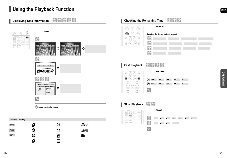 Using the playback function, Checking the remaining time, Fast playback | Slow playback, Displaying disc information, Eng opera tion | Samsung HT-TX55 User Manual | Page 16 / 35