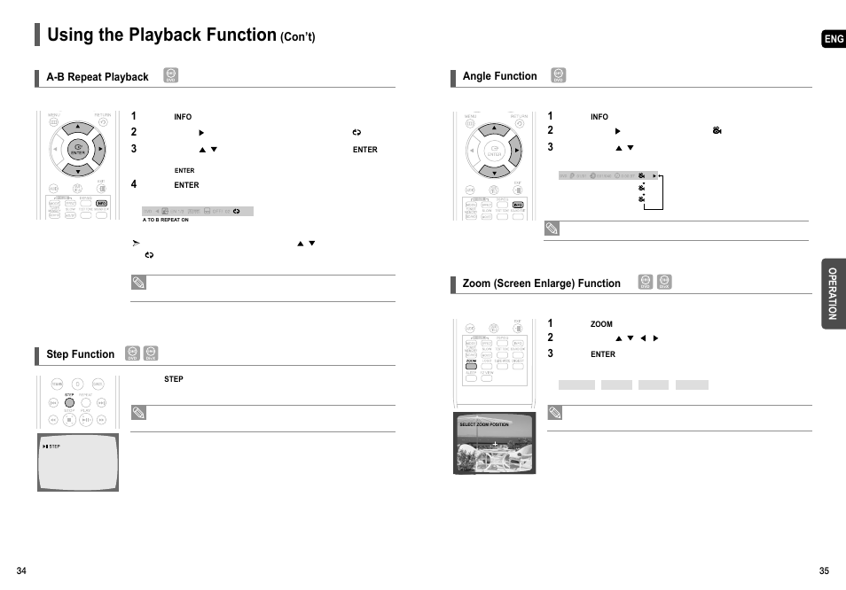Using the playback function, Con’t), A-b repeat playback | Step function 1, Angle function, Zoom (screen enlarge) function | Samsung HT-TX55 User Manual | Page 18 / 35
