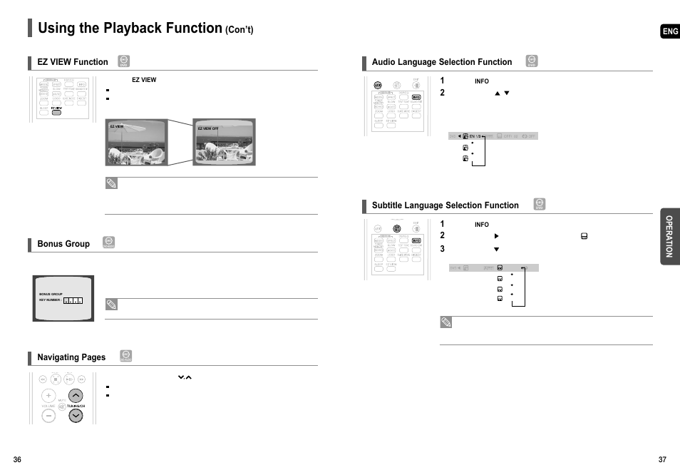Using the playback function, Con’t), Ez view function | Bonus group, Navigating pages, Audio language selection function, Subtitle language selection function | Samsung HT-TX55 User Manual | Page 19 / 35