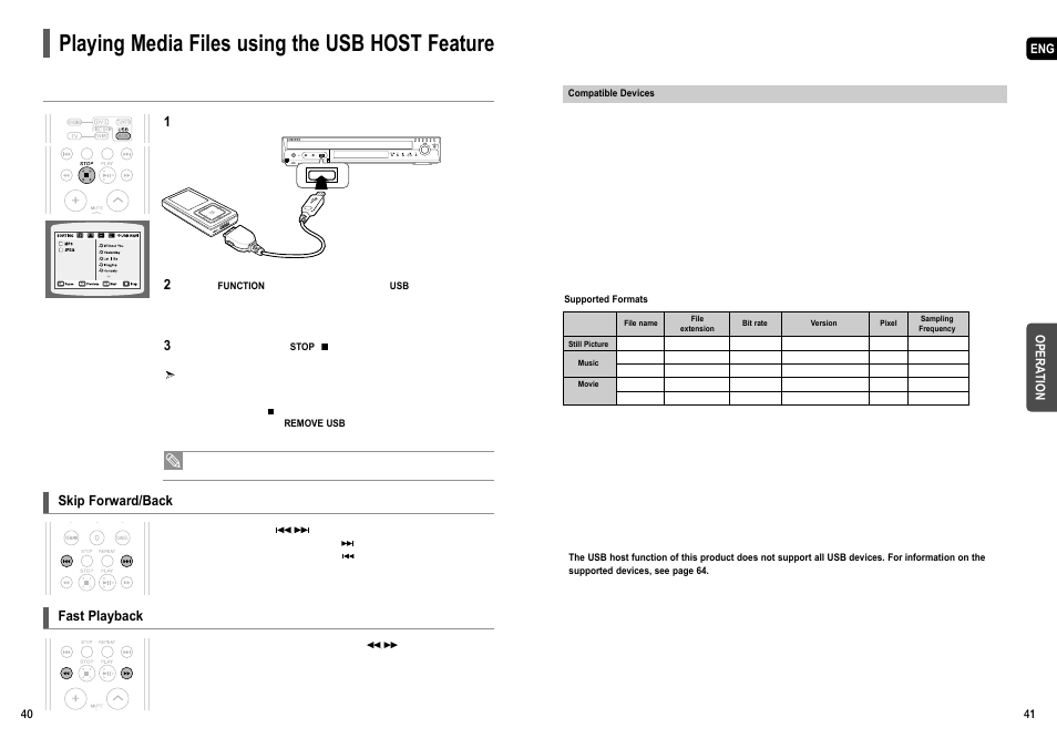 Playing media files using the usb host feature, Skip forward/back, Fast playback | Samsung HT-TX55 User Manual | Page 21 / 35