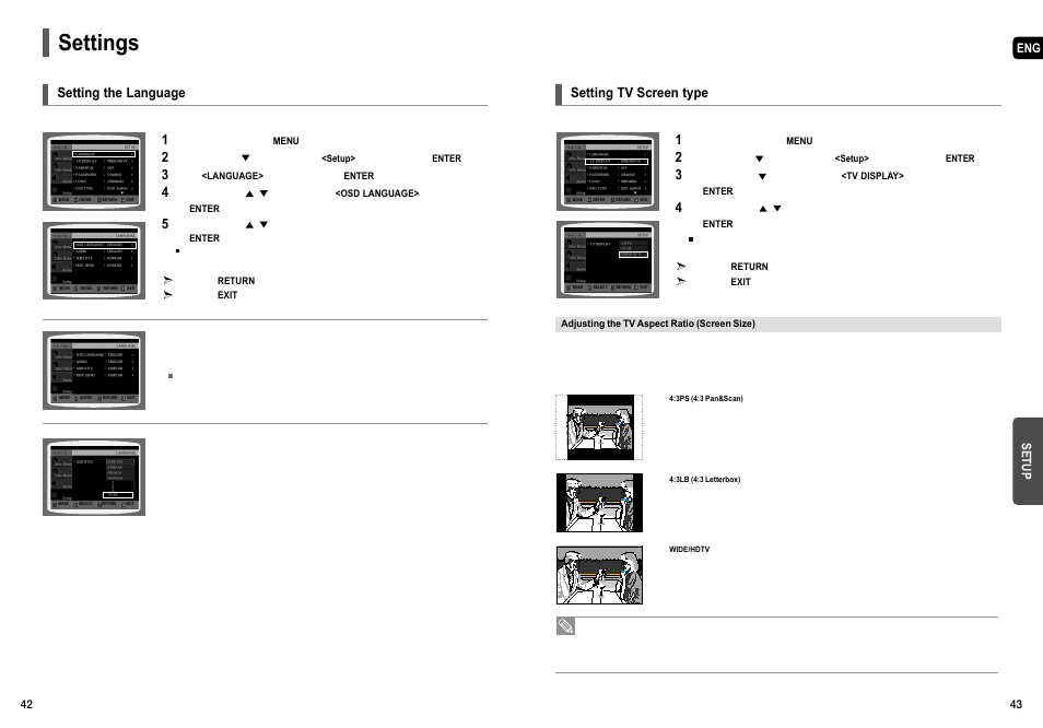 Setup, Setting the language, Setting tv screen type | Settings | Samsung HT-TX55 User Manual | Page 22 / 35