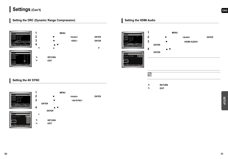 Setting the drc (dynamic range compression), Setting the av sync, Setting the hdmi audio | Settings, Con’t) | Samsung HT-TX55 User Manual | Page 26 / 35