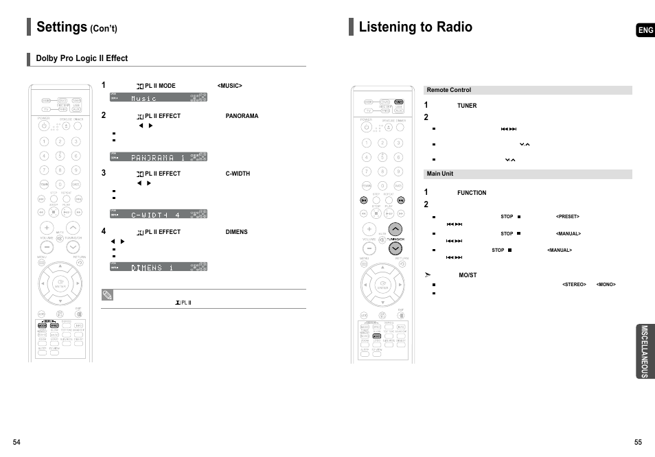 Dolby pro logic ii effect, Miscellaneous, Listening to radio | Settings, Con’t) | Samsung HT-TX55 User Manual | Page 28 / 35