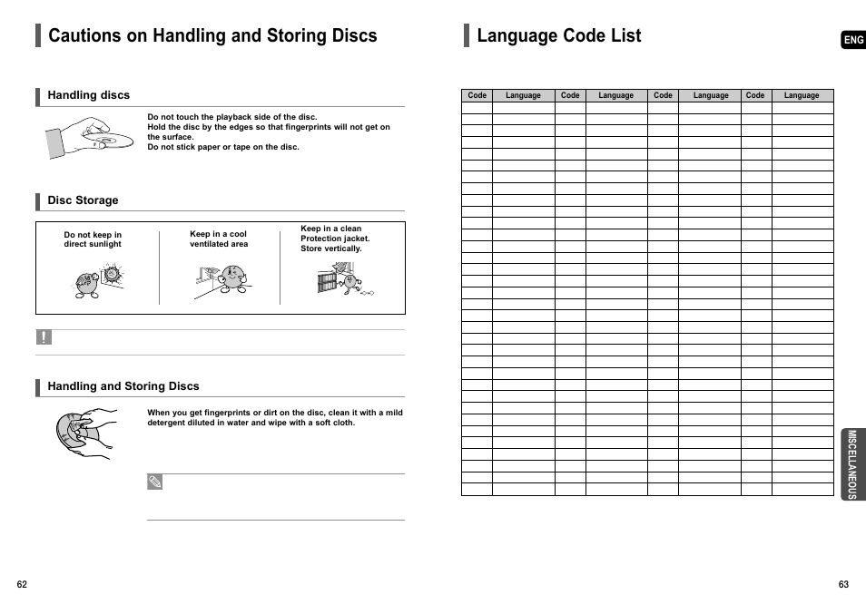Cautions on handling and storing discs, Language code list | Samsung HT-TX55 User Manual | Page 32 / 35