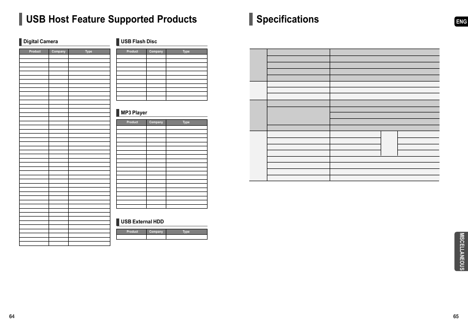 Usb host feature supported products, Specifications, Miscellaneous | Digital camera, Usb flash disc, Mp3 player, Usb external hdd | Samsung HT-TX55 User Manual | Page 33 / 35