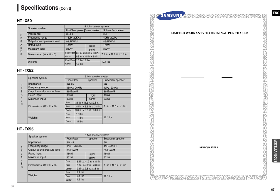 Specifications, Con’t) ht - x50 ht - tx52, Ht - tx55 | Samsung HT-TX55 User Manual | Page 34 / 35