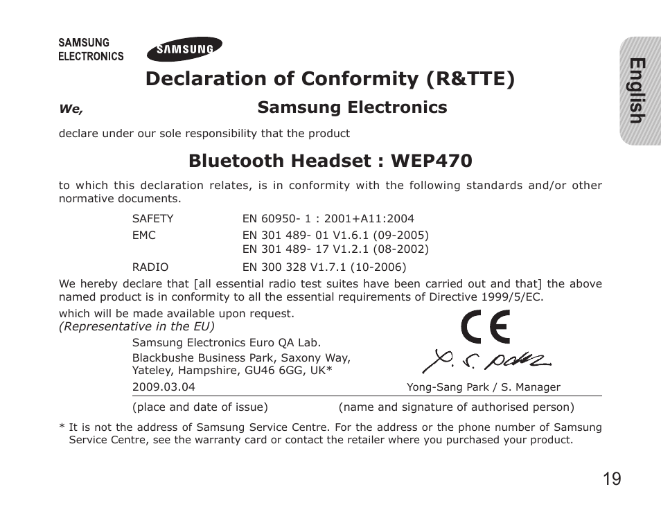 English, Declaration.of.conformity.(r&tte), Bluetooth.headset.:.wep470 | Samsung.electronics | Samsung 090308 User Manual | Page 22 / 82