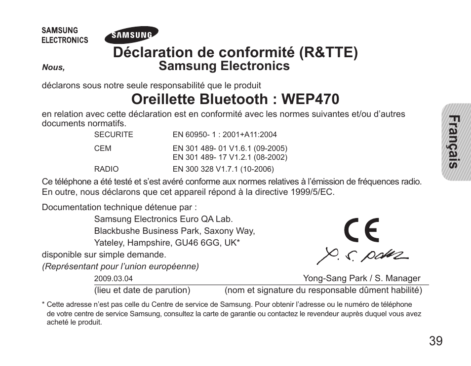 Français, Déclaration de conformité (r&tte), Oreillette bluetooth : wep470 | Samsung electronics | Samsung 090308 User Manual | Page 42 / 82