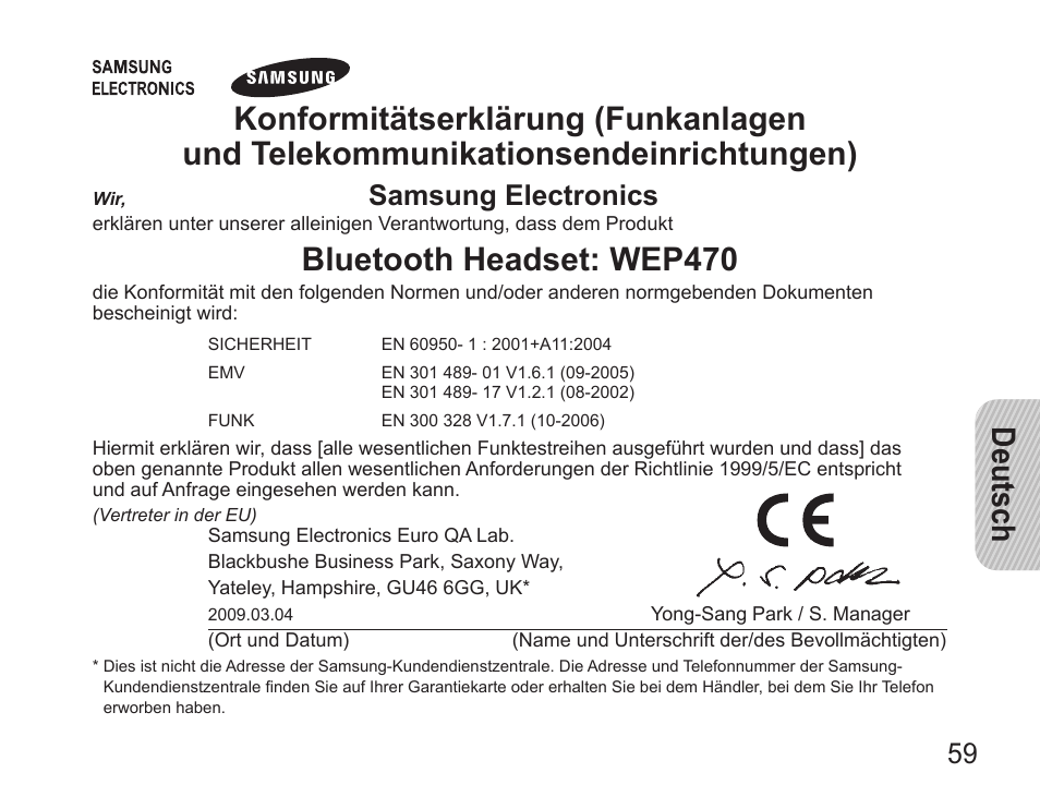 Deutsch, Bluetooth headset: wep470, Samsung electronics | Samsung 090308 User Manual | Page 62 / 82