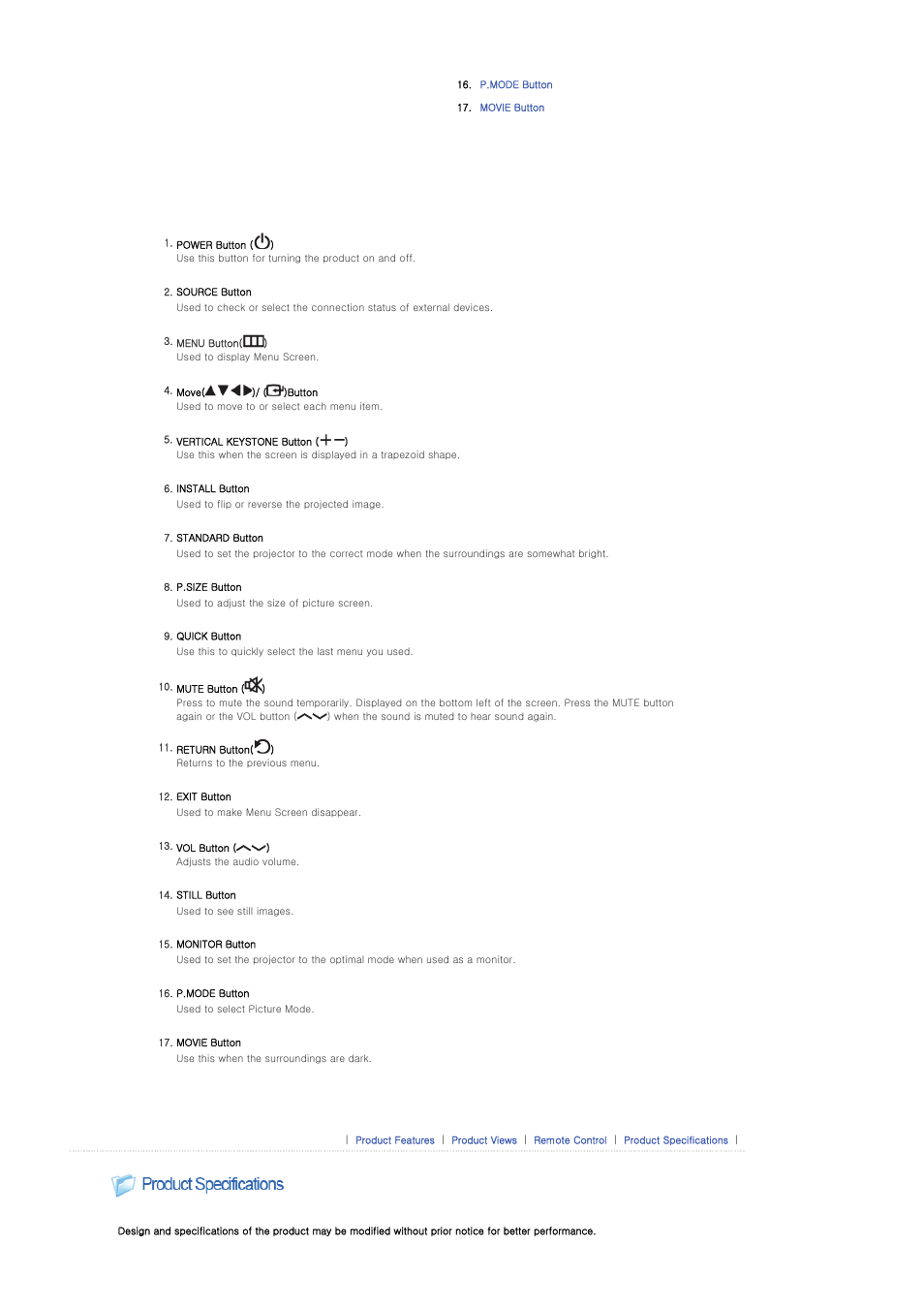 Product specifications | Samsung SP-P400B User Manual | Page 12 / 35